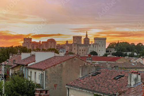 The Palais des Papes, located in Avignon, France, dominates the skyline in this photo. Its imposing structure and surrounding urban landscape are beautifully displayed.