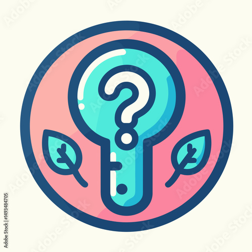Colorful question mark icon with leaves in a circular frame and nature-themed design