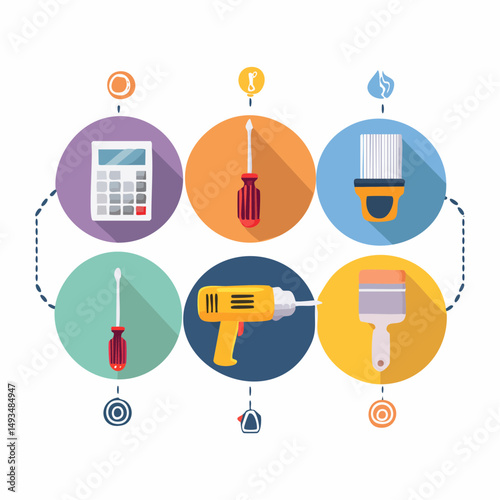 Colorful Flat Design Icons of Various Repair Tools