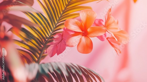 Wallpaper Mural Pink and orange tropical flowers and leaves for beauty summer spa exotic or botanical visuals concept Torontodigital.ca