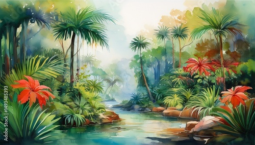 lush tropical watercolor painting a serene jungle escape