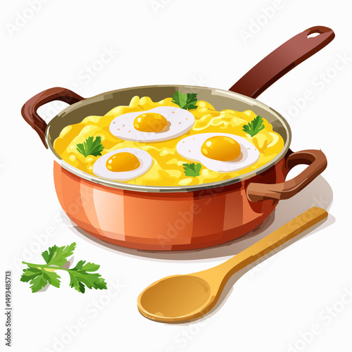 Copper Pot of Creamy Mashed Potatoes Topped with Fried Eggs and Parsley
