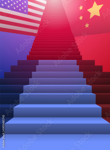 Staircase between US and China flags symbolizing trade war economic rivalry gradient background abstract design