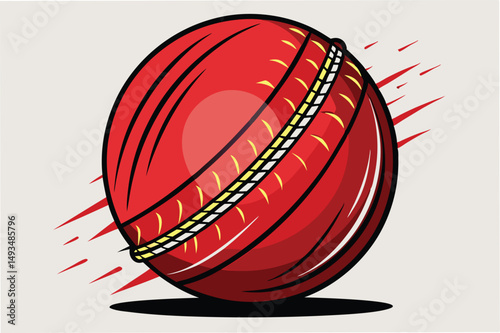 Vector illustration of a dynamic cricket ball in motion, showcasing its bright red surface and stitching details, ideal for sports graphics and educational materials