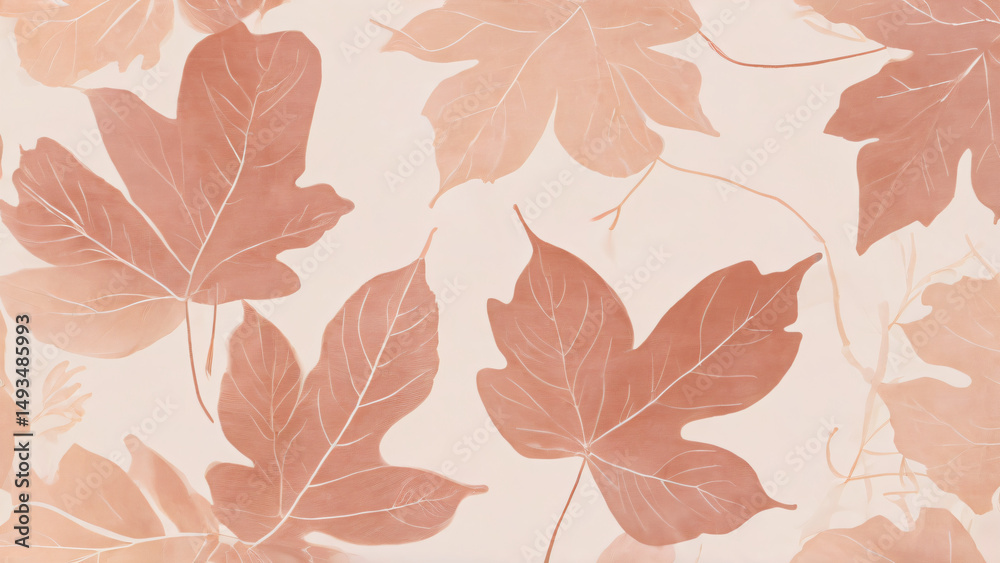 Fototapeta premium Autumnal Maple Leaf Pattern in Warm Pastel Hues as Delicate Artwork. Autumn-inspired design with pastel-toned maple leaves arranged in a seamless organic pattern. Perfect for backgrounds