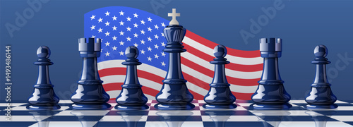Chess pieces trade war concept. Blue chess pieces on checkerboard with waving American flag in background symbolizing strategy and competition