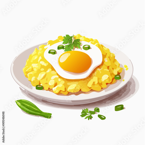 Fried Egg with Yellow Rice and Herbs on a White Plate