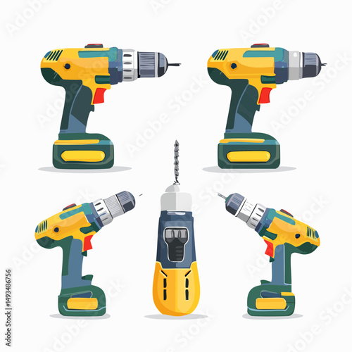 Multiple Views of a Cordless Drill: Yellow and Green Power Tool Illustrations