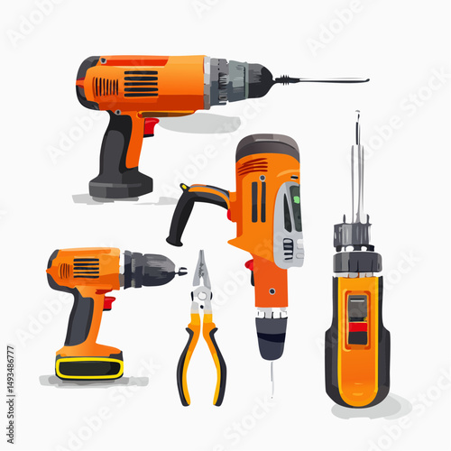Orange Power Tools and Hand Tools on White Background