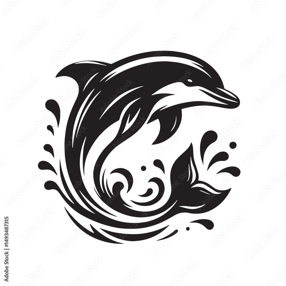 Obraz premium Black Color Dolphin Silhouette Vector Illustration, Solid White Background. minimal vector design