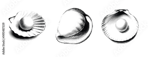 A halftone-style illustration of a pearl . The image is black and white with visible dot shading, mimicking a vintage comic book or pop art aesthetic