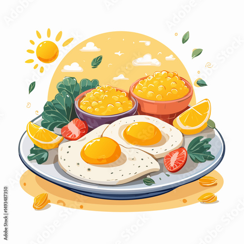 Sunny Side Up Eggs with Corn and Berries Breakfast Illustration