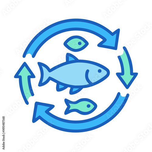 Circular process with blue fish and arrows on black