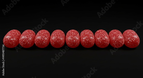 A row of glossy red ellipsoids with white specks are lined up against a stark black background.