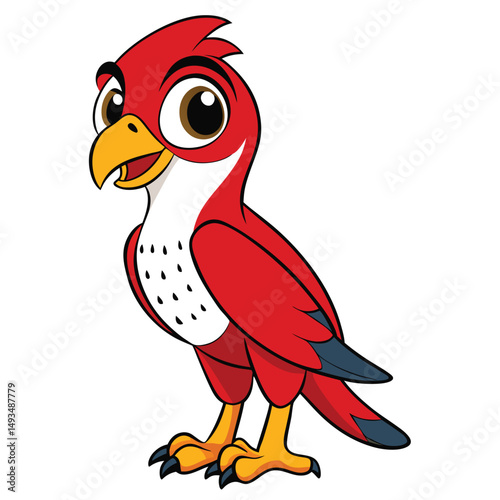 A cartoon red bird with big eyes is cheerfully looking toward something nearby