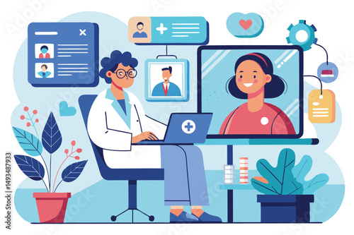 Vector illustration of a healthcare professional using a computer to engage with patients through digital platforms in a modern office setting