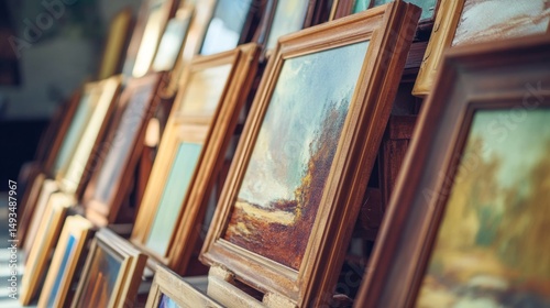 Fototapeta Naklejka Na Ścianę i Meble -  Vintage paintings in art gallery stacked with wooden frames leaning against wall in exhibition space