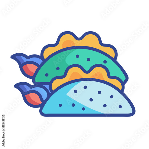 Stylized illustration of two stacked colorful cartoon tacos