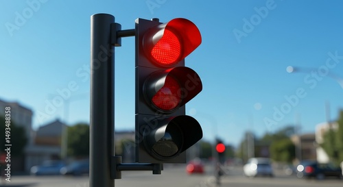 A traffic light shows a bright red light against a clear sky, indicating drivers must stop now.