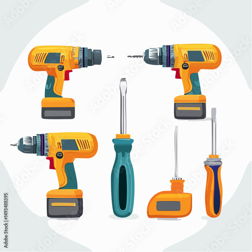 Yellow and Green Power Drills and Screwdrivers Illustration
