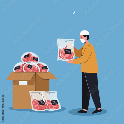 Eid alAdha Muslim Man Distributing Packaged Halal Meat for Qurbani