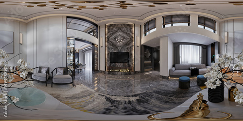 360 degree view, 3d render modern living room