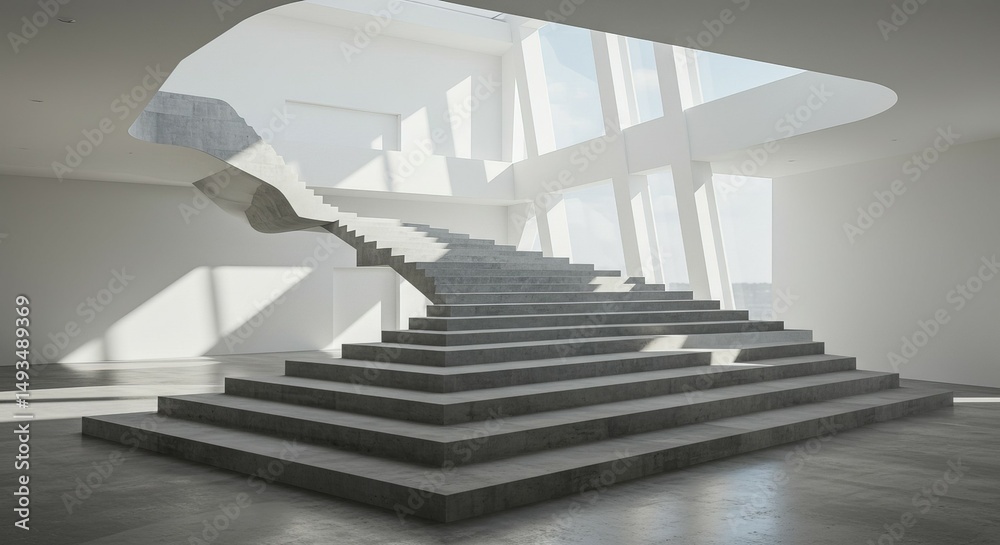 Fototapeta premium Abstract stairway ascends into light filled minimalist space highlighting geometric architecture.