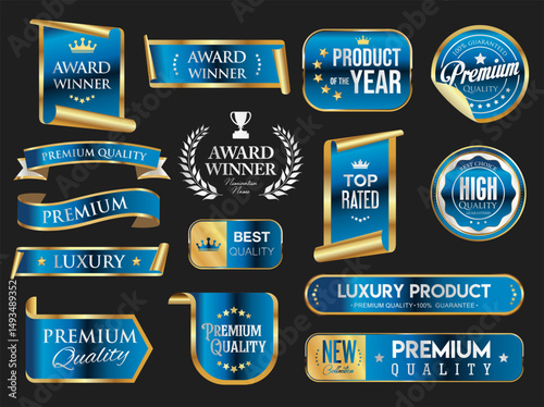 Golden luxury labels and badges gold premium quality certificate ribbons vector illustration 