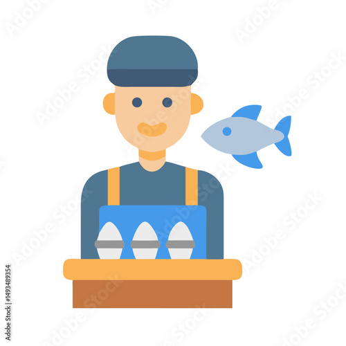 Flat illustration of fishmonger with fish and eggs