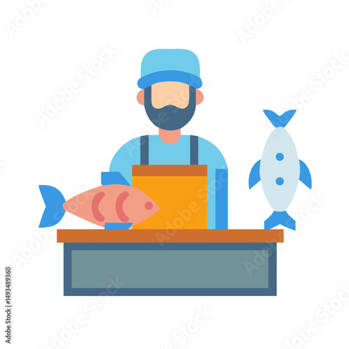 Flat illustration of fishmonger with fresh fish