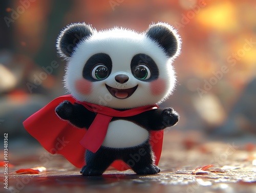 Cute panda superhero in autumnal setting