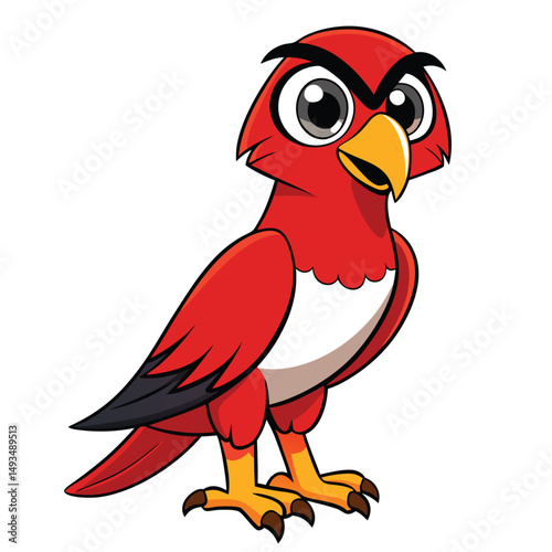 Cartoon red bird stands majestically, showcasing vibrant plumage and a fiercely focused expression