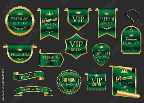 Golden luxury labels and badges gold premium quality certificate ribbons vector illustration 
