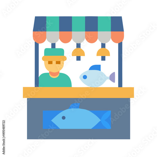 Stylized illustration of a fish market stall and worker