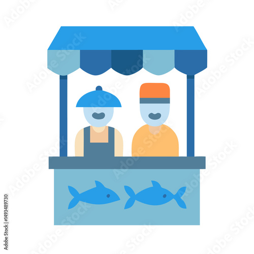 Flat design fishmonger stall icon on black background