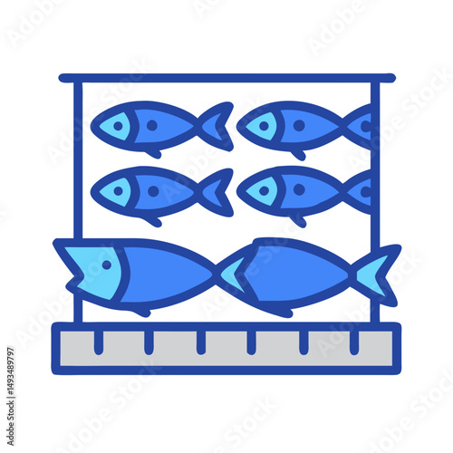 Illustration of six blue fish in a display case
