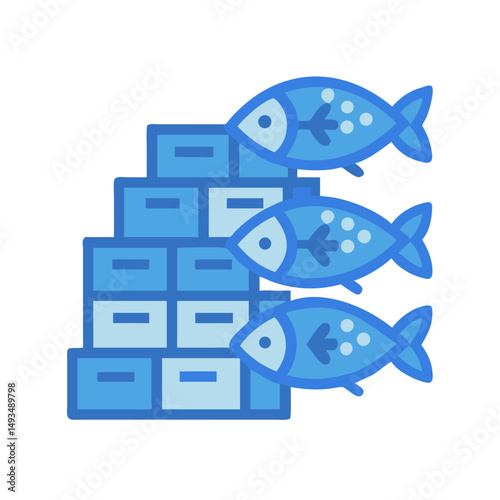 Stylized fishes over stacked block crates illustration