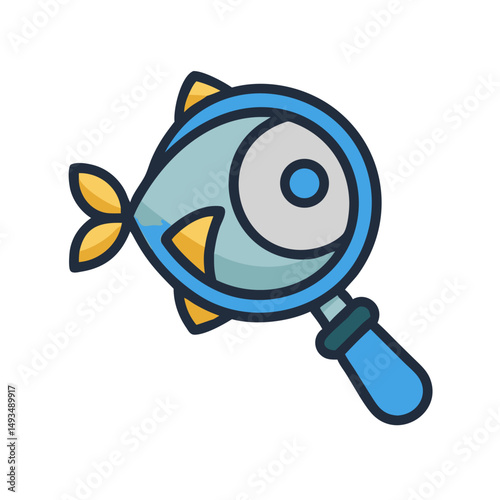 Stylized fish icon under magnifying glass on black background