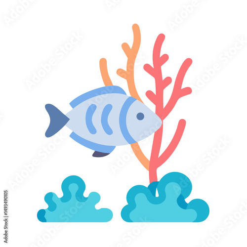 Stylized fish swimming near coral on black background