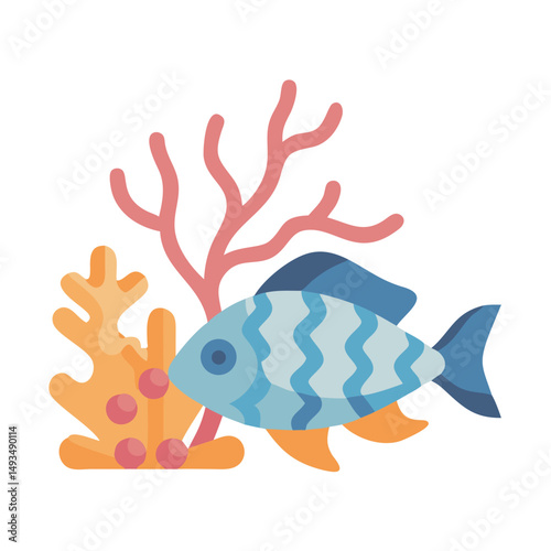 Cute cartoon fish with coral on black background