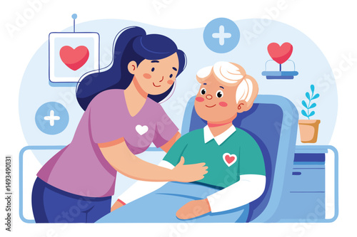 Vector illustration depicting a caregiver assisting an elderly man in a comfortable home setting, showcasing compassion and health care