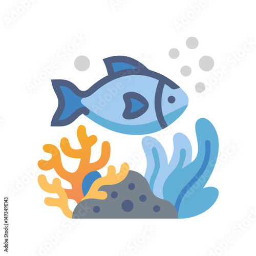 Stylized blue fish swims above coral reef scene