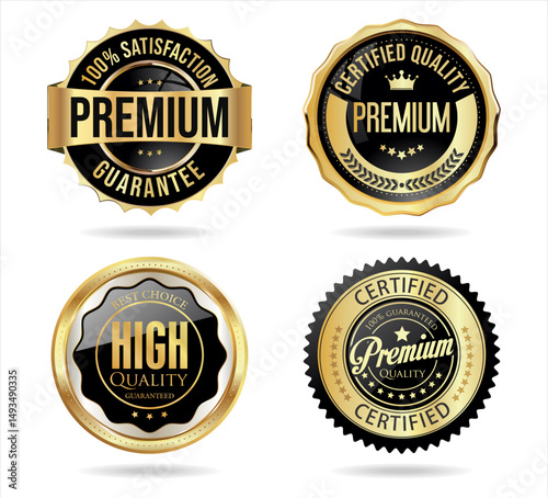 Golden luxury labels and badges gold premium quality certificate ribbons vector illustration 