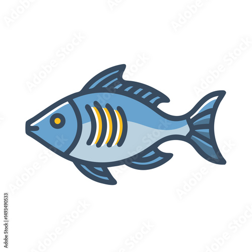 Stylized blue fish with yellow accent on black