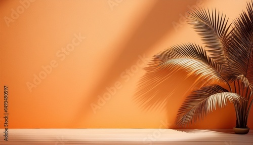 palm tree shadows on pastel orange background wall mockup