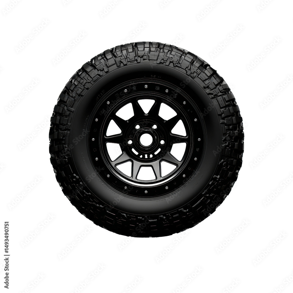 Fototapeta premium Off-road tire with rugged tread pattern and durable wheel designed for all terrain vehicles, suitable for trucks, SUVs, and off-road adventures