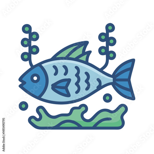 Cartoon fish swimming in a seaweed environment