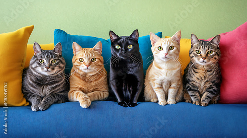 Diversity of cat breeds sitting on colorful cushions representing inclusion and celebration 
