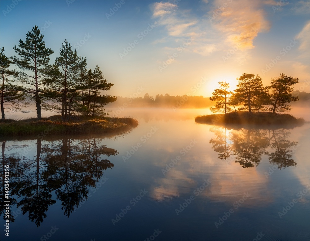 Fototapeta premium serene sunrise over misty lake with island trees reflecting in calm water