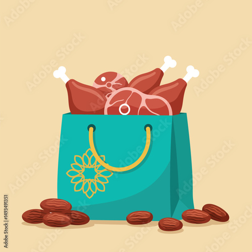 Festive Teal Bag Overflowing with Raw Meat Cuts and Scattered Dates